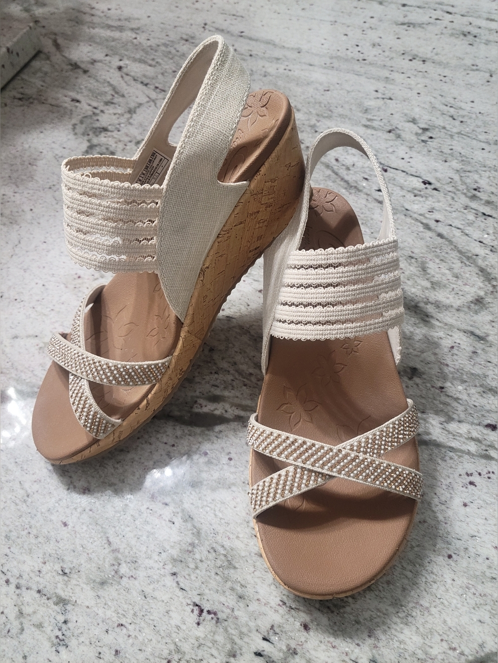 Skechers Women’s SZ 9 Beverlee CALI Natural Linen Wedge Sandals Embellished